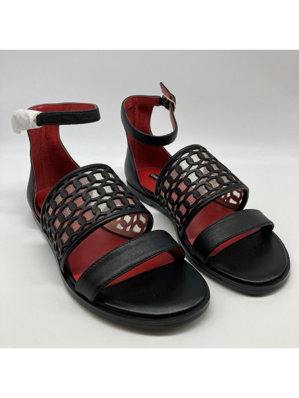 Charles Jourdan Black Laser Cut Sandals Ankle Strap Red Sole Size 6M - T17